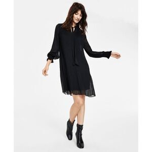 DKNY Women's Petite Tie-Neck Smocked-Cuff Long-Sleeve Dress - Black 4P